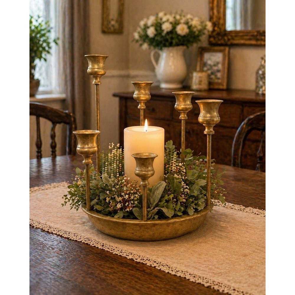 Vtg Brass Candle Centerpiece 6 Tapered Candles & 1 Pillar Highest Peak 10.25"